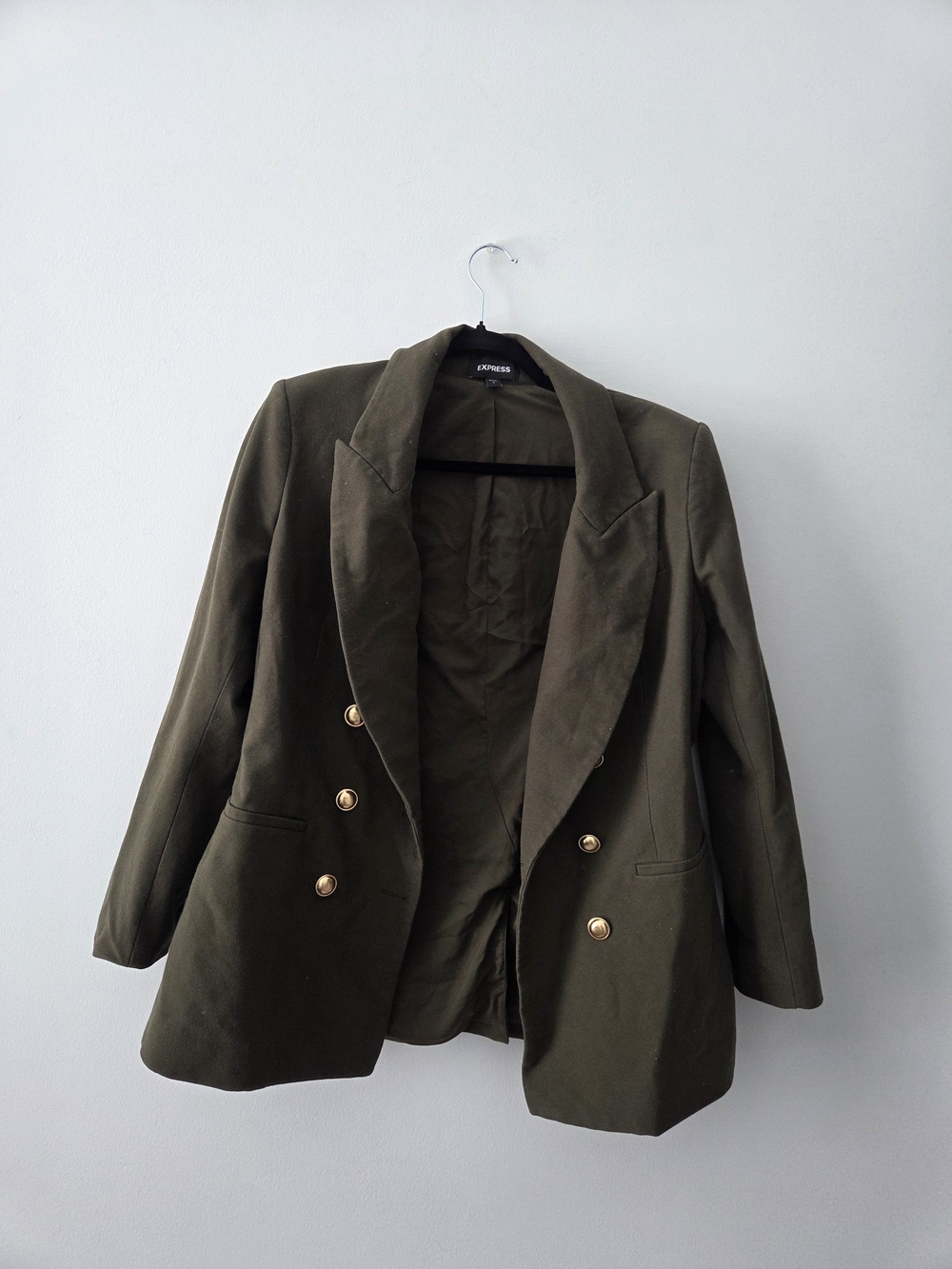 Express Olive Double-Breasted Blazer with Gold Buttons